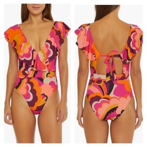 NWT Trina Turk Fan Faire Ruffle Plunge One Piece Swimsuit 6 NEW